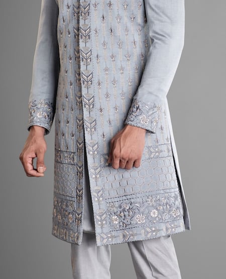 Shop_More Mischief_Grey Silk, Linen, Cotton Embroidery Monarch Floral Geometric Sherwani_Online_at_Aza_Fashions