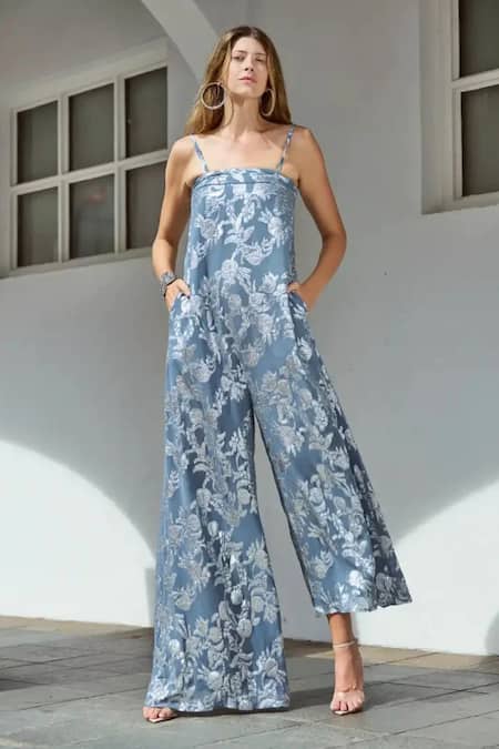 Buy_Style Junkiie_Grey Georgette Embroidery Square Neck Asymmetric Jumpsuit  _Online_at_Aza_Fashions