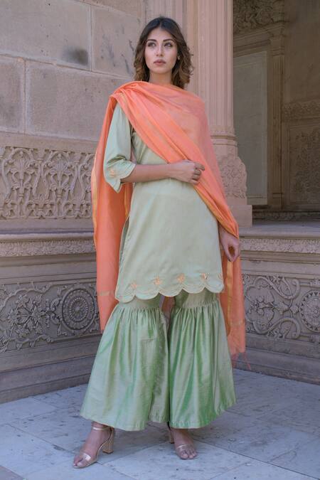 The Home Affair_Green Cotton, Silk Gota Patti Boat Neck Work Kurta Gharara Set _Online_at_Aza_Fashions