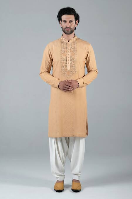 Punit Arora_Beige Modal Floral Mandarin Collar Embroidered Kurta Set _Online_at_Aza_Fashions