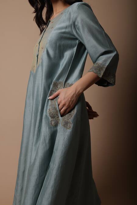 Rhua_Blue Silk, Cotton, Silk, Tissue, Nimai Placement Kurta Set _Online_at_Aza_Fashions