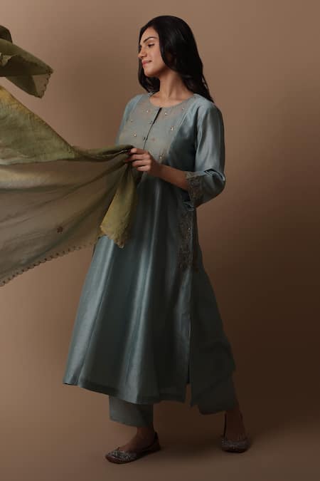 Buy_Rhua_Blue Silk, Cotton, Silk, Tissue, Nimai Placement Kurta Set _Online_at_Aza_Fashions