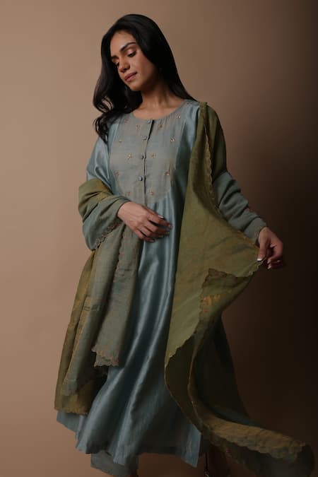 Shop_Rhua_Blue Silk, Cotton, Silk, Tissue, Nimai Placement Kurta Set _Online_at_Aza_Fashions