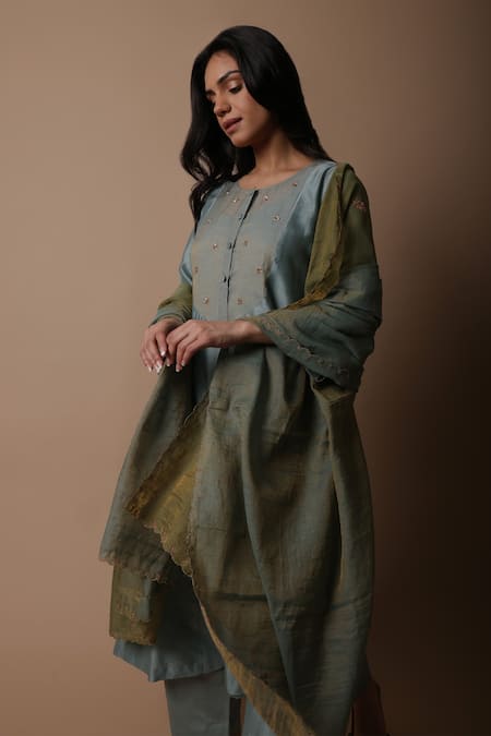 Rhua_Blue Silk, Cotton, Silk, Tissue, Nimai Placement Kurta Set _at_Aza_Fashions