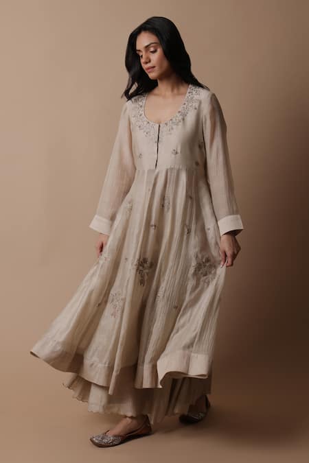 Rhua_Beige Silk, Muslin, Embroidery, Afra Flower Anarkali Set _Online_at_Aza_Fashions