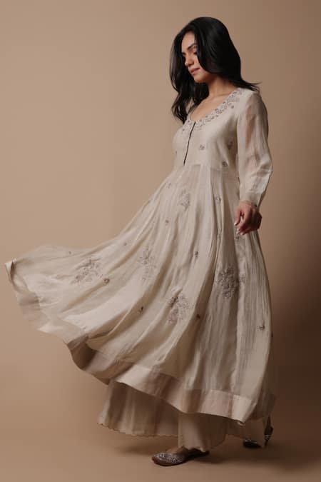 Buy_Rhua_Beige Silk, Muslin, Embroidery, Afra Flower Anarkali Set _Online_at_Aza_Fashions