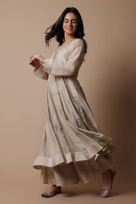 Shop_Rhua_Beige Silk, Muslin, Embroidery, Afra Flower Anarkali Set _Online_at_Aza_Fashions