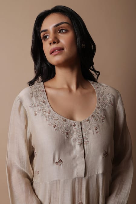 Rhua_Beige Silk, Muslin, Embroidery, Afra Flower Anarkali Set _at_Aza_Fashions