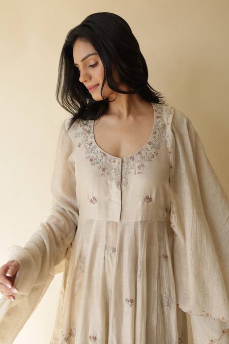 Shop_Rhua_Beige Silk, Muslin, Embroidery, Afra Flower Anarkali Set 