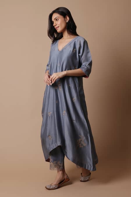 Rhua_Blue Silk, Cotton, Silk, Embroidery, Mukaish Kurta Set _Online_at_Aza_Fashions