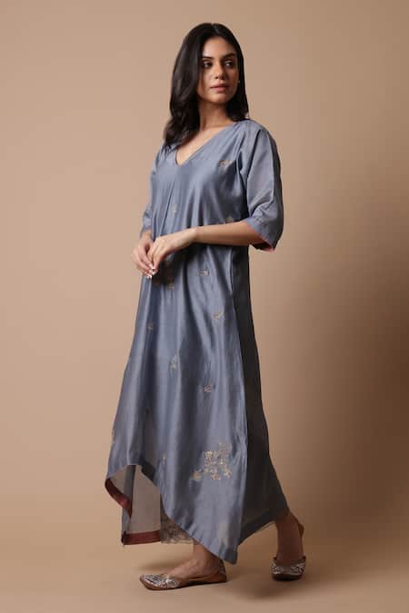 Buy_Rhua_Blue Silk, Cotton, Silk, Embroidery, Mukaish Kurta Set _Online_at_Aza_Fashions