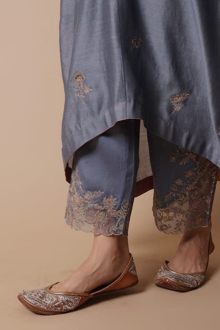 Shop_Rhua_Blue Silk, Cotton, Silk, Embroidery, Mukaish Kurta Set _Online_at_Aza_Fashions