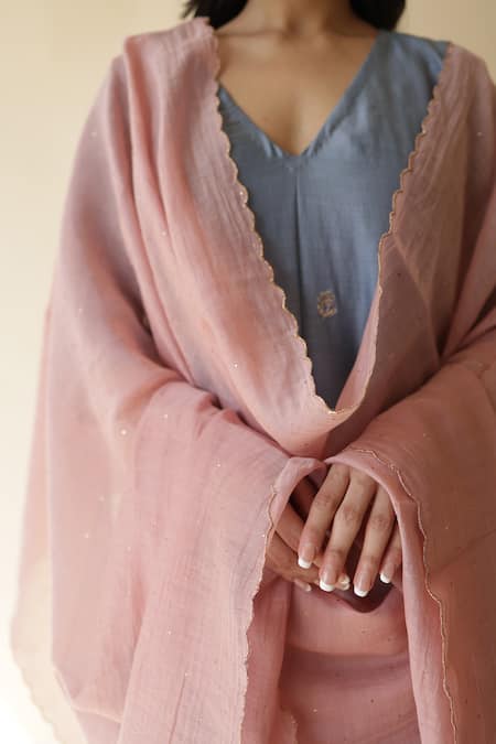 Rhua_Blue Silk, Cotton, Silk, Embroidery, Mukaish Kurta Set _at_Aza_Fashions