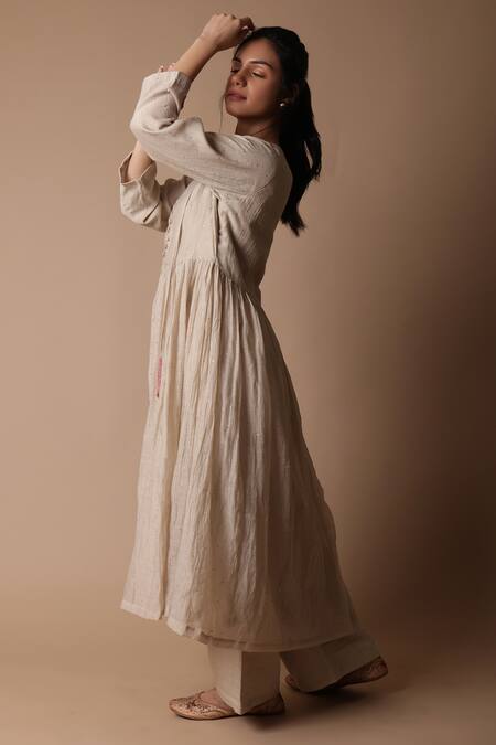 Rhua_Beige Chanderi, Cotton Satin, Nitya Mukaish Embroidered Anarkali And Pant Set _Online_at_Aza_Fashions