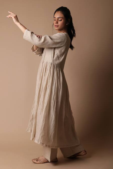 Buy_Rhua_Beige Chanderi, Cotton Satin, Nitya Mukaish Embroidered Anarkali And Pant Set _Online_at_Aza_Fashions