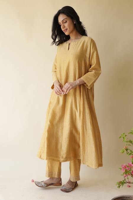 Rhua_Yellow Chanderi, , Satin, Silk Embroidery Adiba Mukaish Kurta Set _Online_at_Aza_Fashions