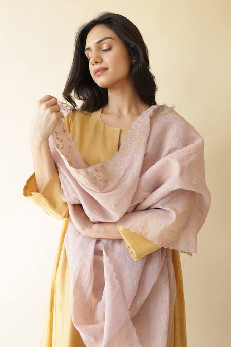 Buy_Rhua_Yellow Chanderi, , Satin, Silk Embroidery Adiba Mukaish Kurta Set _Online_at_Aza_Fashions