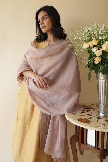 Rhua_Yellow Chanderi, , Satin, Silk Embroidery Adiba Mukaish Kurta Set _at_Aza_Fashions