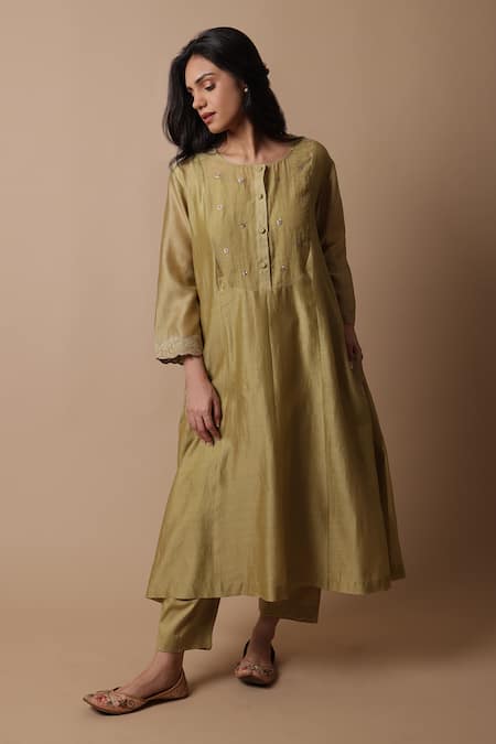 Rhua_Green Silk, Cotton, Silk, Tissue, Nimai Yoke Kurta Set _Online_at_Aza_Fashions