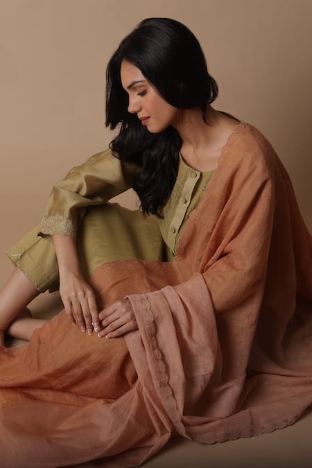 Rhua_Green Silk, Cotton, Silk, Tissue, Nimai Yoke Kurta Set _at_Aza_Fashions