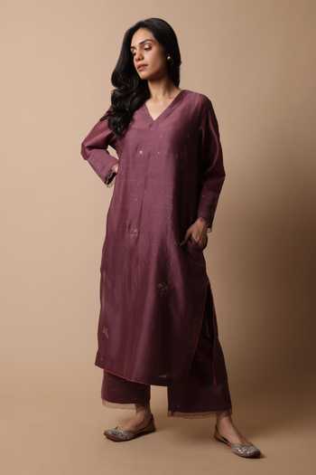 Rhua_Purple Muslin, Cotton, Organza, Silk Embroidery, Mirrors Afsa Mukaish Kurta Set _Online_at_Aza_Fashions