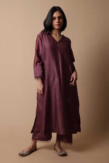 Buy_Rhua_Purple Muslin, Cotton, Organza, Silk Embroidery, Mirrors Afsa Mukaish Kurta Set _Online_at_Aza_Fashions