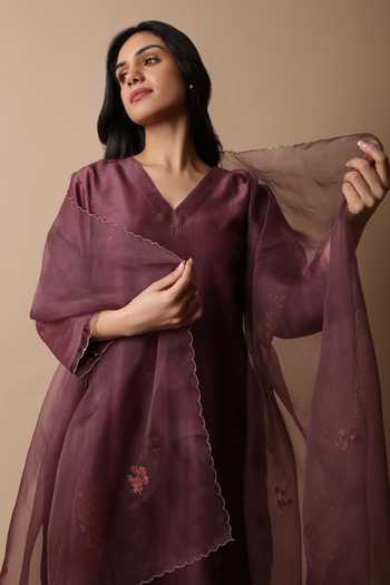 Shop_Rhua_Purple Muslin, Cotton, Organza, Silk Embroidery, Mirrors Afsa Mukaish Kurta Set _Online_at_Aza_Fashions