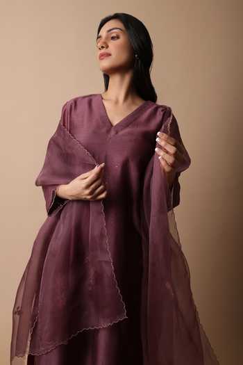 Rhua_Purple Muslin, Cotton, Organza, Silk Embroidery, Mirrors Afsa Mukaish Kurta Set _at_Aza_Fashions