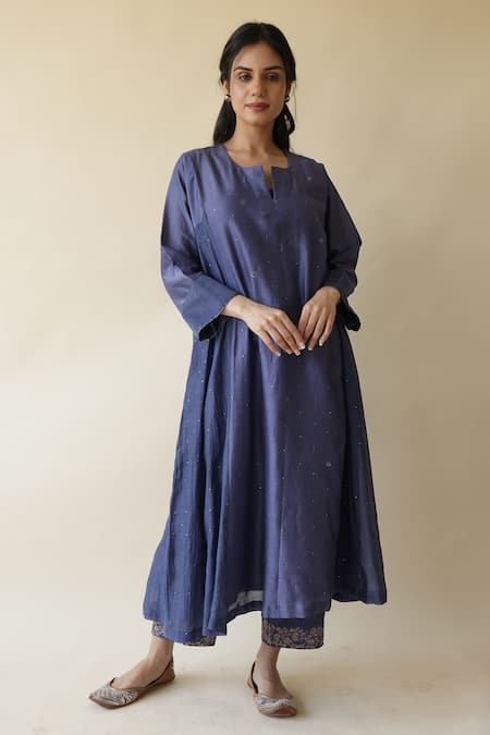Rhua_Blue Muslin, , Satin, Silk Embroidery, Adiba Mukaish Work Kurta Set _Online_at_Aza_Fashions
