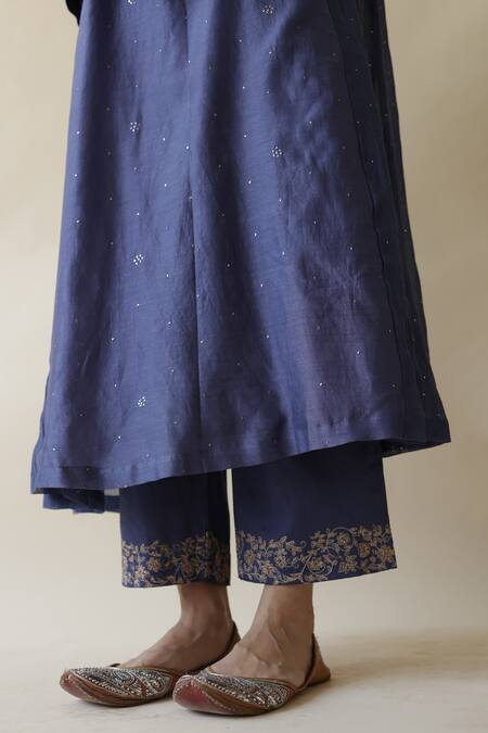 Buy_Rhua_Blue Muslin, , Satin, Silk Embroidery, Adiba Mukaish Work Kurta Set _Online_at_Aza_Fashions