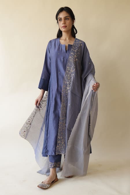 Rhua Blue Muslin, , Satin, Silk Embroidery, Adiba Mukaish Work Kurta Set 