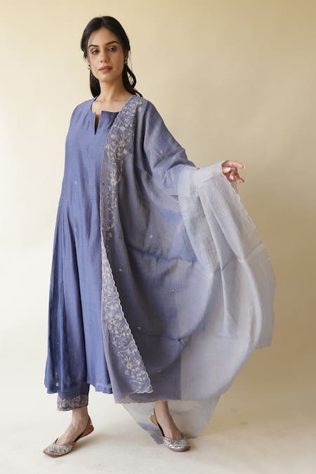 Rhua_Blue Muslin, , Satin, Silk Embroidery, Adiba Mukaish Work Kurta Set _at_Aza_Fashions