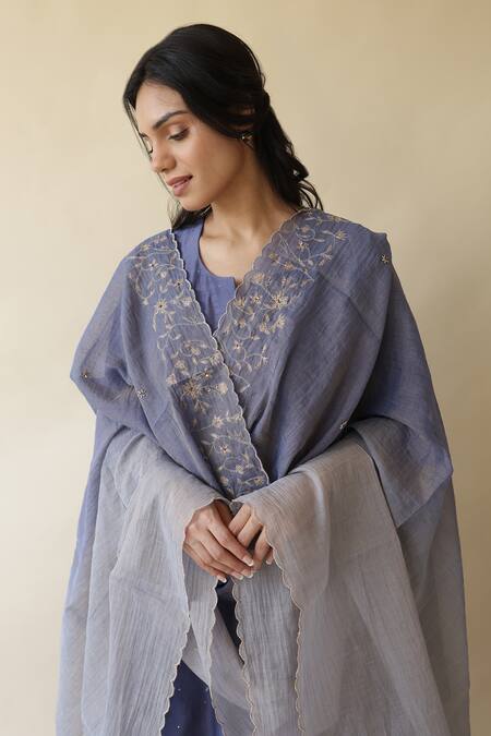 Buy_Rhua_Blue Muslin, , Satin, Silk Embroidery, Adiba Mukaish Work Kurta Set 