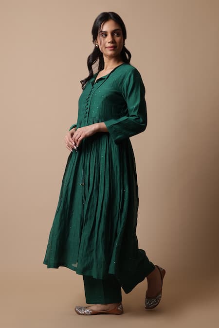 Rhua_Green Chanderi, Cotton, Silk Mirrors, Embroidery Nitya Anarkali And Pant Set _Online_at_Aza_Fashions