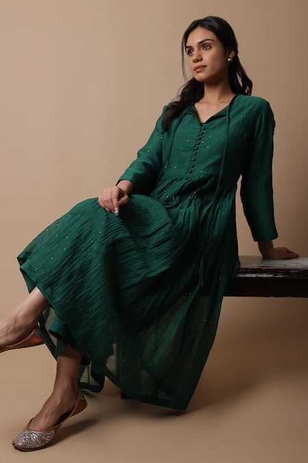 Buy_Rhua_Green Chanderi, Cotton, Silk Mirrors, Embroidery Nitya Anarkali And Pant Set _Online_at_Aza_Fashions