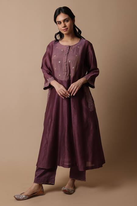Rhua_Purple Silk, Cotton, Silk, Tissue, Nimai Kurta Set _Online_at_Aza_Fashions