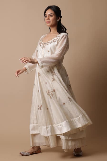 Shop_Rhua_White Silk, Muslin, Afra Pearl Flower Anarkali Set _Online_at_Aza_Fashions