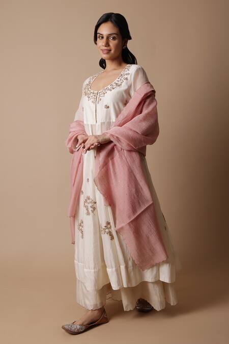 Buy_Rhua_White Silk, Muslin, Afra Pearl Flower Anarkali Set 
