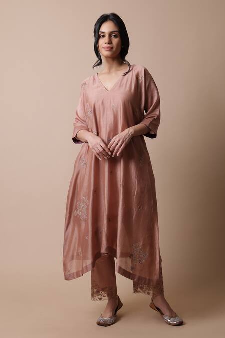 Rhua_Pink Silk, Cotton, Silk, Neeti Floral Placement Kurta Set _Online_at_Aza_Fashions