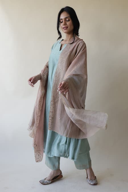 Rhua_Green Chanderi, Cotton, Silk Embroidery, Adiba A-line Mukaish Work Kurta Set _Online_at_Aza_Fashions