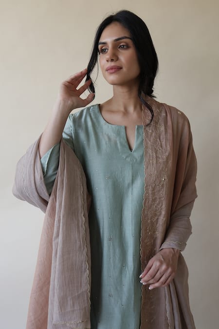Buy_Rhua_Green Chanderi, Cotton, Silk Embroidery, Adiba A-line Mukaish Work Kurta Set _Online_at_Aza_Fashions