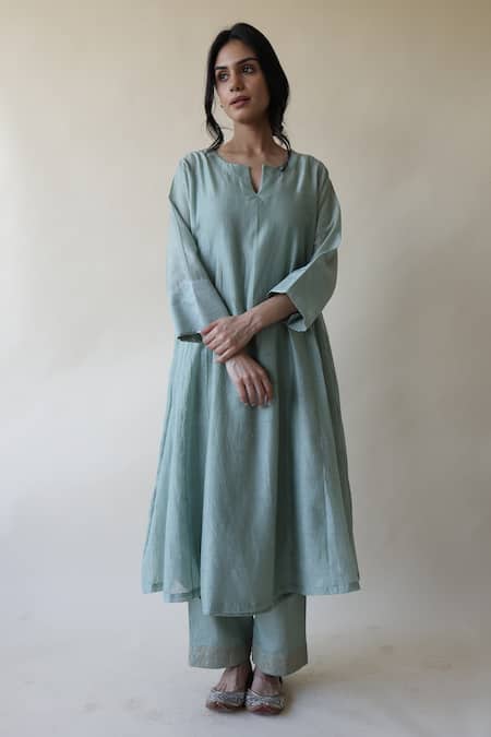 Shop_Rhua_Green Chanderi, Cotton, Silk Embroidery, Adiba A-line Mukaish Work Kurta Set _Online_at_Aza_Fashions