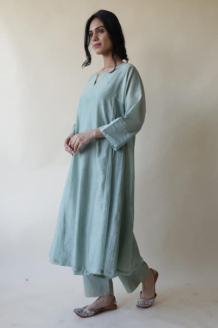 Rhua_Green Chanderi, Cotton, Silk Embroidery, Adiba A-line Mukaish Work Kurta Set _at_Aza_Fashions