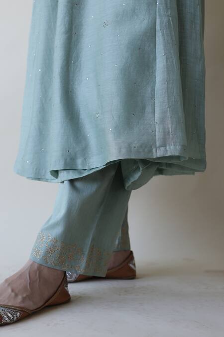 Buy_Rhua_Green Chanderi, Cotton, Silk Embroidery, Adiba A-line Mukaish Work Kurta Set 