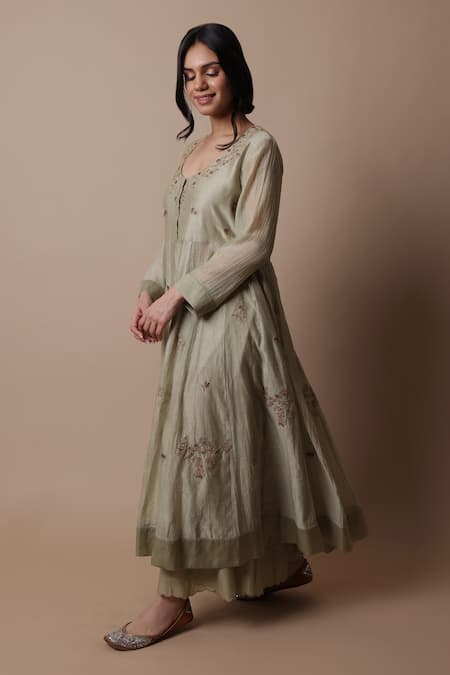 Rhua_Green Silk, Muslin, Embroidery, Afra Flower Vine Anarkali Set _Online_at_Aza_Fashions