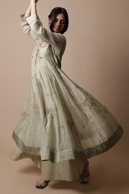 Buy_Rhua_Green Silk, Muslin, Embroidery, Afra Flower Vine Anarkali Set _Online_at_Aza_Fashions