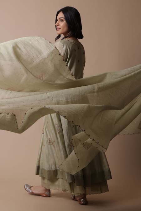 Shop_Rhua_Green Silk, Muslin, Embroidery, Afra Flower Vine Anarkali Set _Online_at_Aza_Fashions