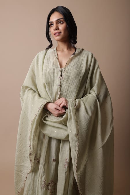 Rhua_Green Silk, Muslin, Embroidery, Afra Flower Vine Anarkali Set _at_Aza_Fashions