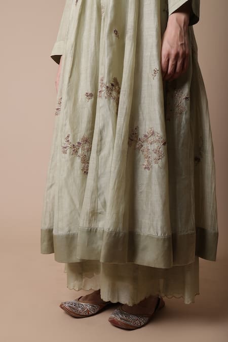 Buy_Rhua_Green Silk, Muslin, Embroidery, Afra Flower Vine Anarkali Set 