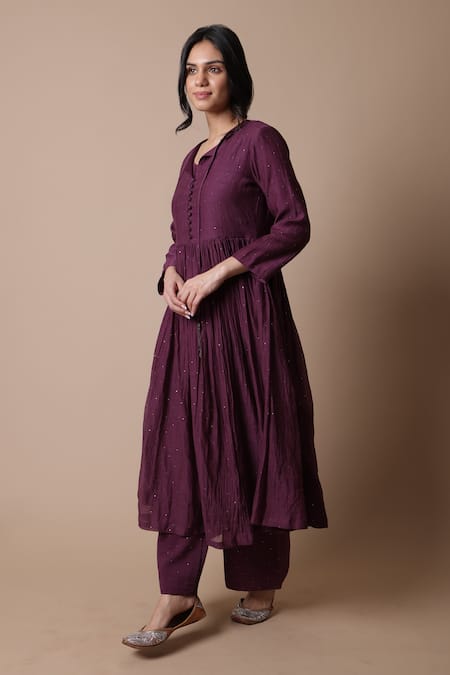 Rhua_Purple Chanderi, Cotton, Silk Nitya Placement Embroidered Anarkali And Pant Set _Online_at_Aza_Fashions